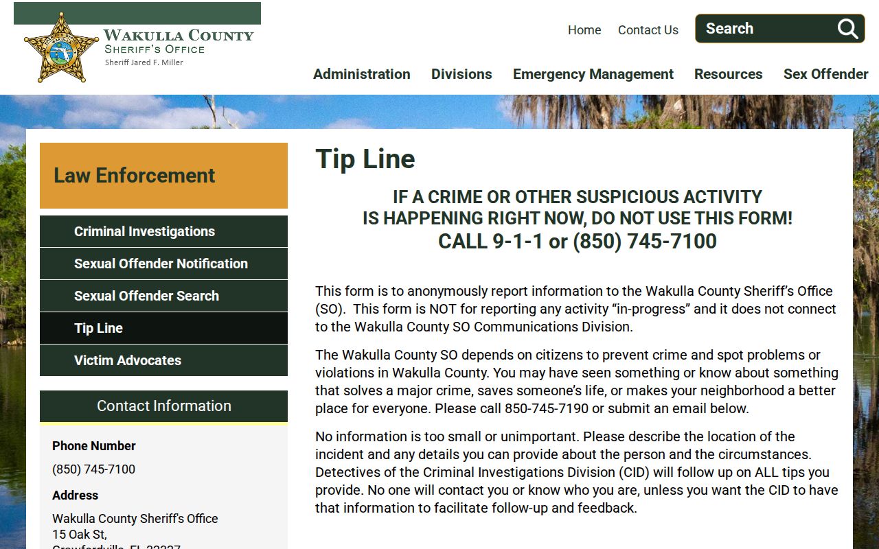 Wakulla County Sheriff's Office confidential wanted-person tip form