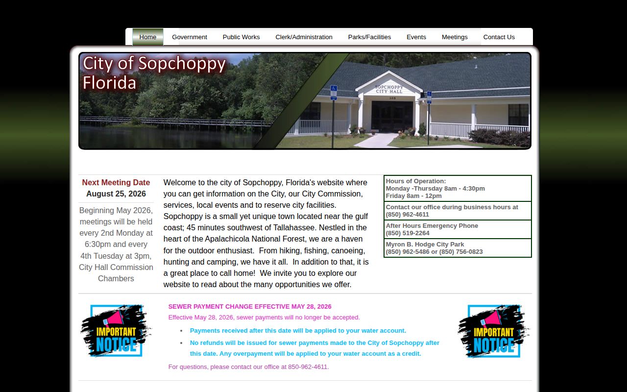Official Sopchoppy city site showing municipal information rather than Wakulla booking records