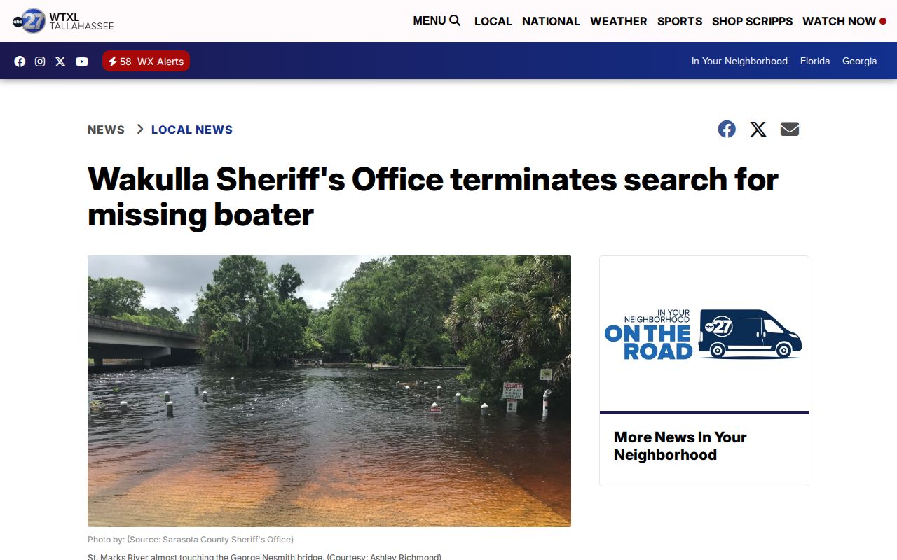 WTXL St. Marks River WCSO coverage example for Wakulla County